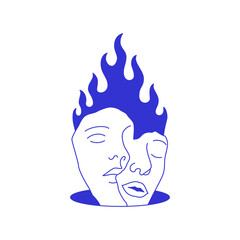 Y2k psychedelic love heart couple face with flame contemporary pop art line icon vector flat illustration. Comic man and woman romantic relationship together with burning fire in hole blue sketch