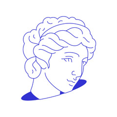 Y2k antique Greek goddess sculpture head in hole comic contemporary pop art line icon vector flat illustration. Ancient woman monument portrait psychedelic funky blue sketch for t shirt print