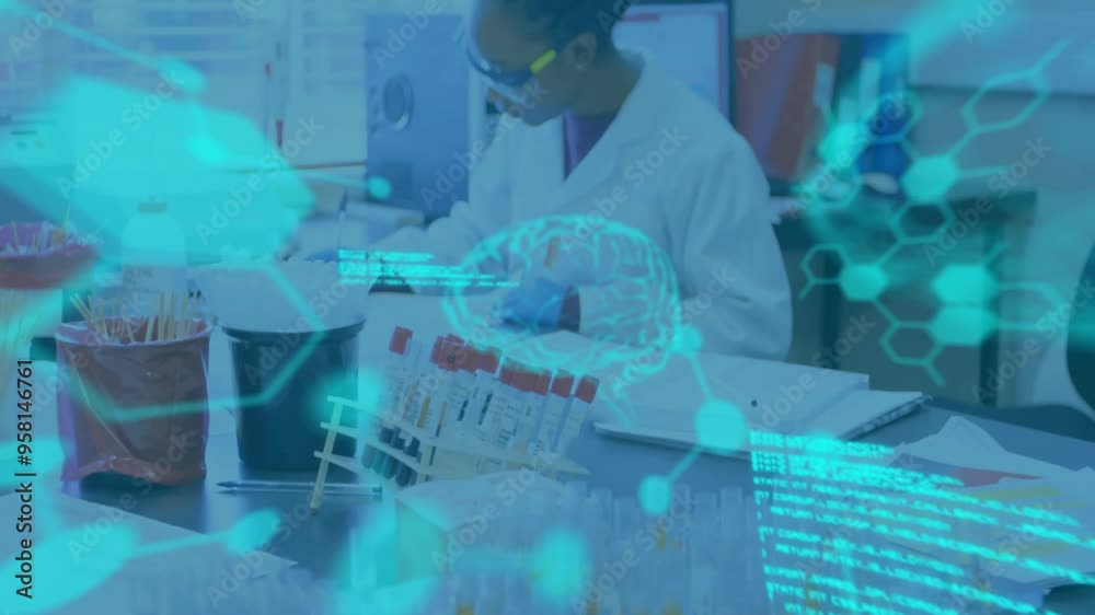 Poster scientist working in laboratory with brain and molecular structures animation over