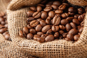 Fototapeta premium Roasted coffee beans spilling from a burlap sack, capturing the essence of freshly brewed coffee