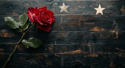 A red rose alongside a small American flag on a rustic wooden table in soft lighting