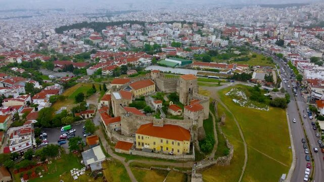 Stunning 4K drone footage capturing the majestic Heptapyrgion Fortress in Thessaloniki. Experience breathtaking views of this historic landmark from the sky
