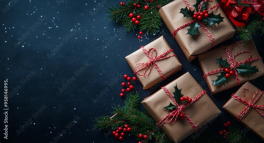 Sticker Beautifully wrapped Christmas gifts adorned with holly and red berries on a dark background