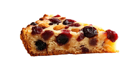 A delicious slice of fruit cake with raisins, cherries, and almonds. Perfect for dessert or a festive treat. Close-up view against a white background.