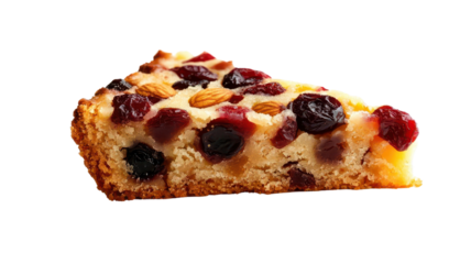 A delicious slice of fruit cake with raisins, cherries, and almonds. Perfect for dessert or a festive treat. Close-up view against a white background.