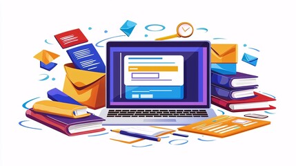 Virtual Study Room Featuring Laptop with Live Online Lesson Surrounded by Study Materials
