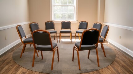 Fototapeta premium A support group meeting setup with chairs arranged in a circle