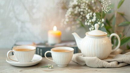 A calming tea setup with a teapot, cups, and a book on cancer recovery
