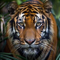 Fototapeta premium Close up detailed portrait photo of a Bengal tiger in jungle. Wildlife photography.