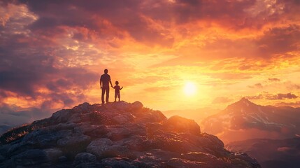 Fototapeta premium Father and Son Worship at Sunrise on a Mountain Altar Symbolizing Hope and Faithfulness
