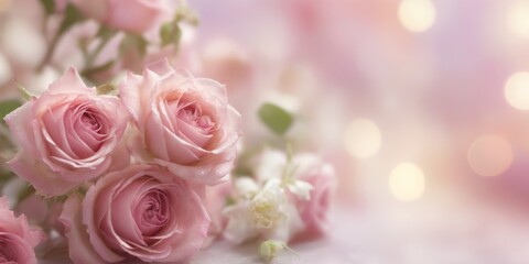 Dreamy Close-up of Pink Roses in Full Bloom, Surrounded by Small