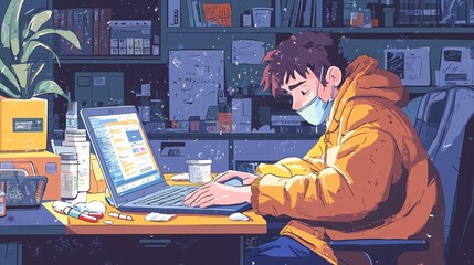 Sick Employee Using Hot Water Bottle While Working on Laptop Surrounded by Medication and