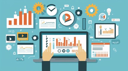 Professional Engaged in Creating E Learning Module Featuring Laptop Screen Elements and Vi