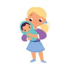 Girl Character Play Toy Doll Hold with Arms Vector Illustration