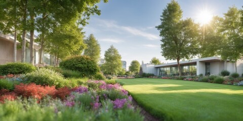 Obraz premium Modern Building with Lawn Mower, Colorful Flowers, and Bright Sk