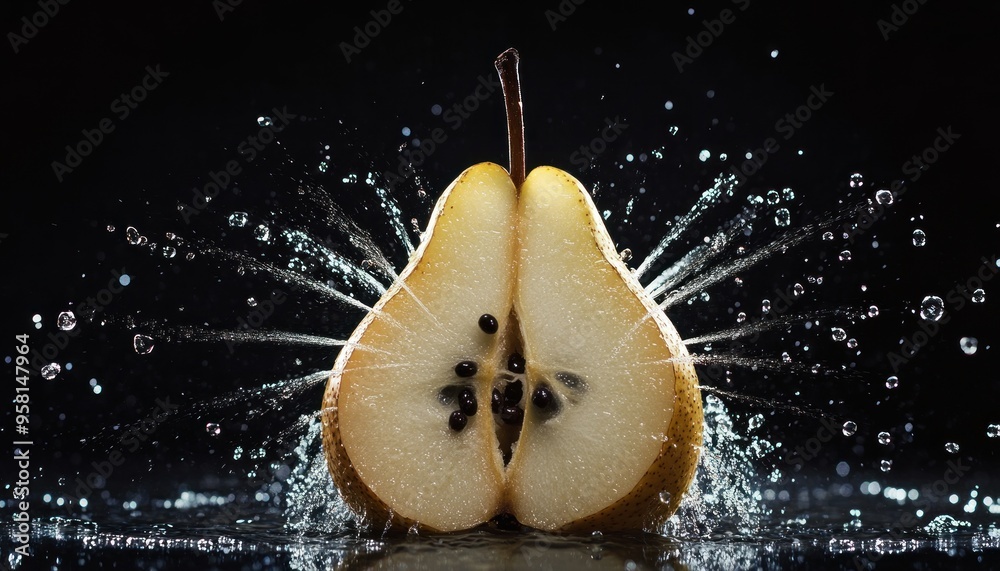 Poster A Halved Pear with Water Splashing Around It