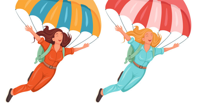 Vector set of clipart happy women jumping with parachute isolated from background. Collection of flying skydiver. Extreme sport. Flat style illustration