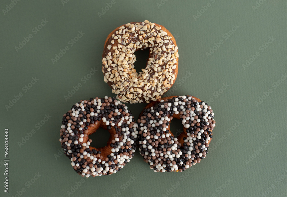 Wall mural donuts with sprinkles of white, milk and dark chocolate balls on a green background, not a healthy diet, fatty and junk food, sweet pastries, donut day, Fat Thursday
