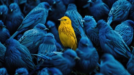 a yellow bird standing out in the middle of blue birds, crowd of many blue birds, all looking at him, detailed photo, high resolution photography,