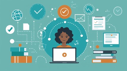 Cozy Home Study Space with Student Engaged in E-Learning on Laptop Surrounded by Books and