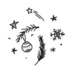 Doodled Christmas element on a transparent background - Christmas decorations and branches. Hand drawn vector art style clip art. Naive childish art illustration