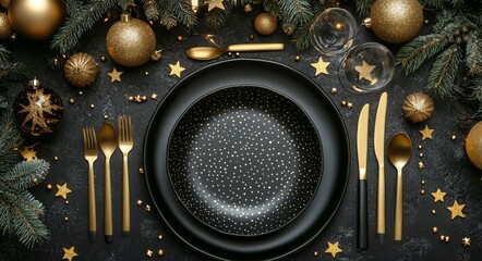 Elegant black and gold dinner table setting adorned with stars for a festive celebration
