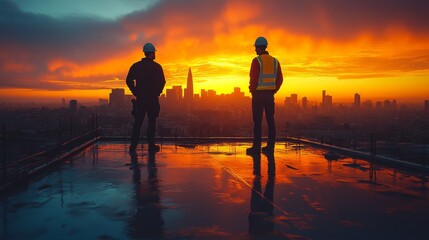 Two silhouetted construction professionals, an engineer and worker, conversing on a rooftop