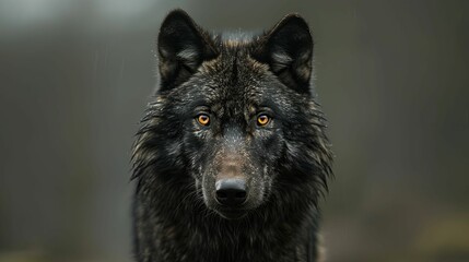 Fototapeta premium Close-up Portrait of a Black Wolf with Intense Golden Eyes