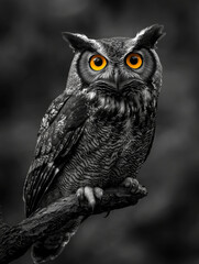 A black and white owl with yellow eyes is perched on a branch