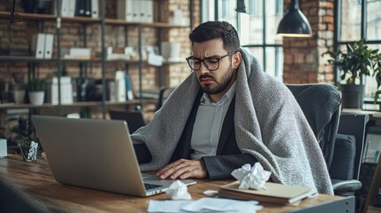 Obraz premium Businessman in a Blanket Typing on Laptop with Tissues Displaying Signs of Illness in Offi
