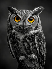 A black and white owl with yellow eyes is staring at the camera