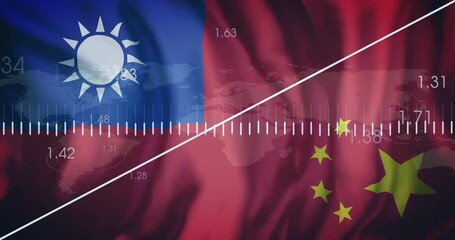 Stock market data animation over Taiwan and China flags with world map background - Powered by Adobe
