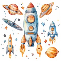 Space exploration props, galactic theme, watercolor design, isolated on white background
