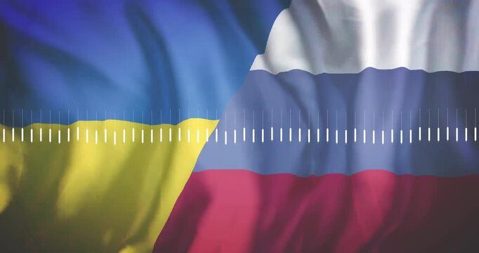 Flags of Ukraine and Russia with data processing animation over them
