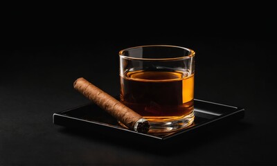 Whiskey and cigar on a black tray