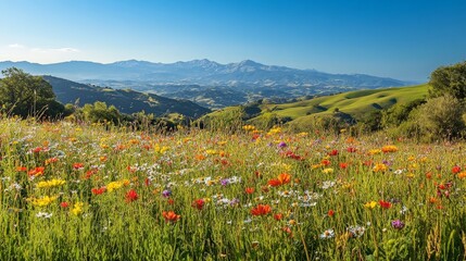 A breathtaking view of rolling hills covered in vibrant wildflowers, stretching out towards a distant mountain range under a clear blue sky.