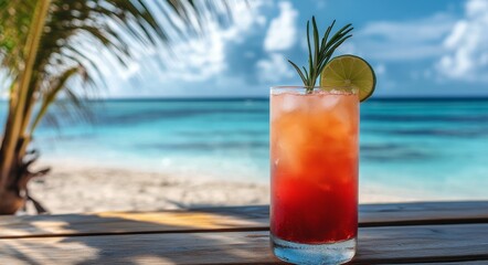 Refreshing cocktail on a wooden table with palm trees by a serene beach in the Caribbean