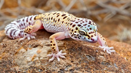 Close-up of a leopard gecko on a rock, showcasing its distinctive spots and realistic textures, leopard gecko, reptile detail, natural camouflage