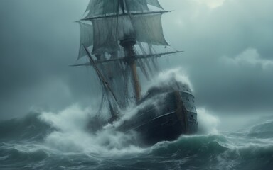 Obraz premium Dramatic Scene: Ship Sailing in Stormy Sea with Billowing Sails,