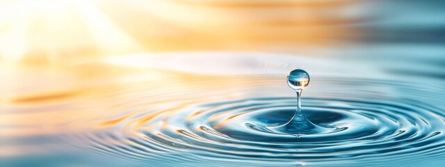  A tight shot of a water droplet on a body of water's surface, sun casting background radiance