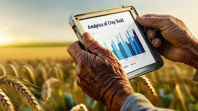Farmer holding tablet for monitoring yield analytics, walking through wheat field. Integration of technology in modern agriculture. Food planning, world hunger
