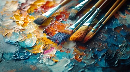 Fototapeta premium Artistic tools and vibrant colors displayed on a palette with brushes ready for painting