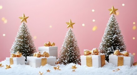 Obraz premium Festively decorated Christmas trees and gifts on a soft snowy background during the holiday season