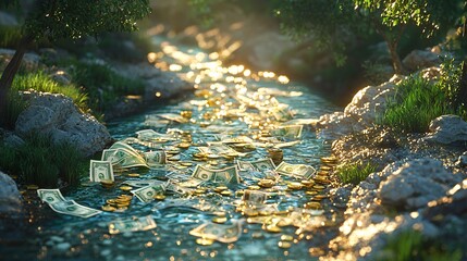 Dynamic 3D Render of a Cash River Flowing Through a Lavish Landscape of Bills and Coins