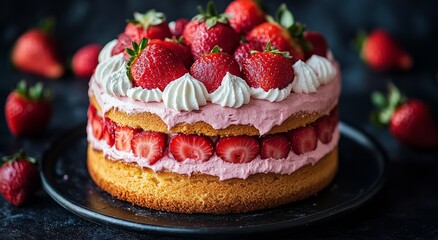 Delicious layered raspberry cake adorned with fresh berries on a wooden plate in a cozy kitchen