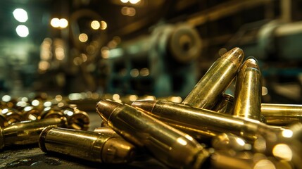 Naklejka premium B culo shells on the table in military factory background, close-up of golden bullets, blurred background with dark warehouse and machines, large depth of field, real photo taken by Canon dslr camera