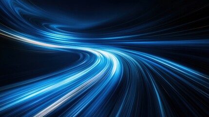 Abstract Blue Light Trails in Dark Space. Modern abstract high speed movement. Dynamic motion light trails on dark blue background.