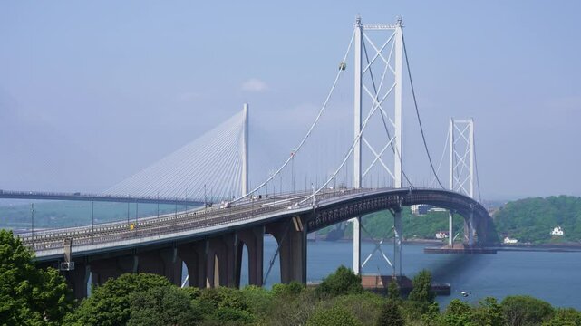 Forth Road Bridge and Queensferry Crossing in Edinburgh, Scotland