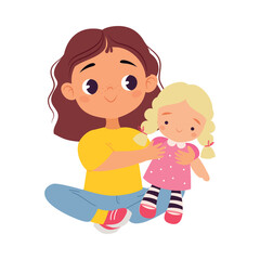Girl Character Play Toy Doll Sit on Floor Vector Illustration