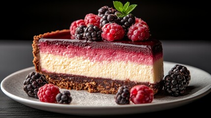 Delicious Blackberry and Raspberry Cheesecake Slice on Plate